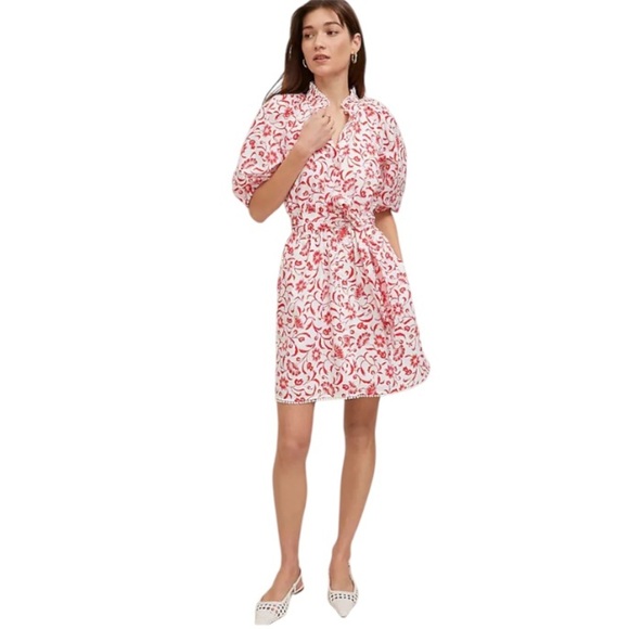 Ann Taylor Floral Ruffle Neck flare Dress NWT Fiery Red White Flirty Feminine - Picture 10 of 11